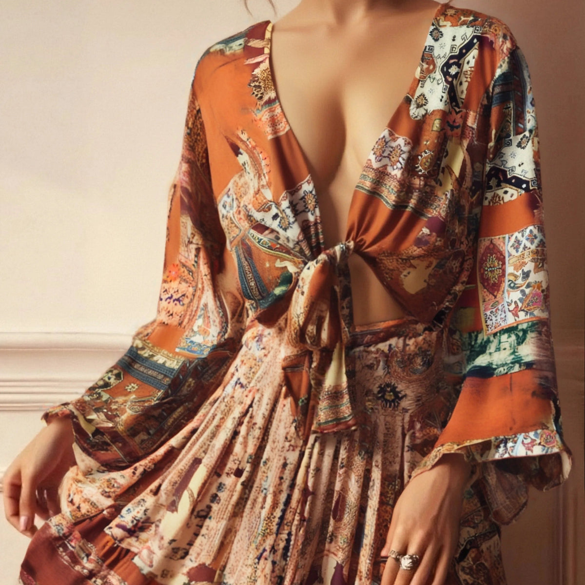 Krótkie kimono plażowe z szerokimi rękawami Lyra-lauranapl.com