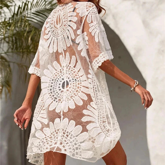 Kimono plażowe w haftowane kwiaty Columba-lauranapl.com
